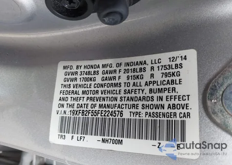 2015 Honda Civic Lx from USA, damaged, VIN 19XFB2F55FE224576